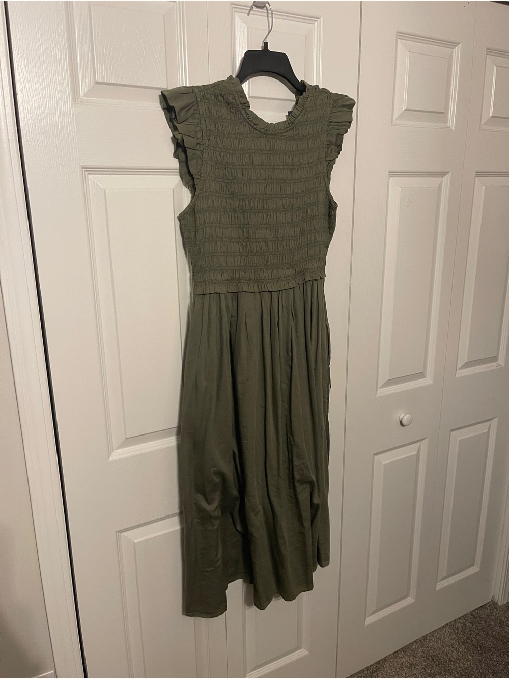 GAP Olive Green Smocked Midi Dress with Ruffle Sleeves
